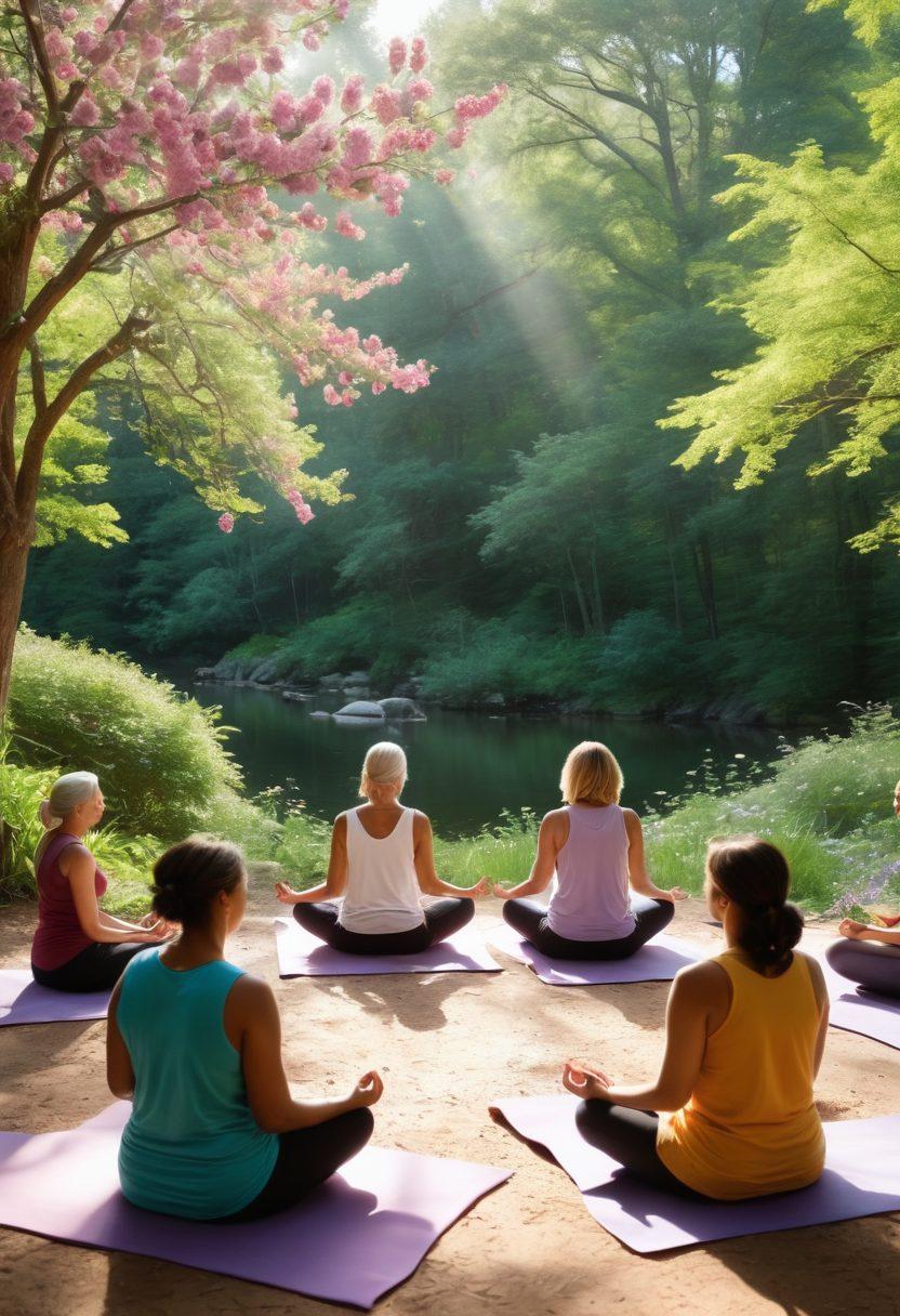 A serene and uplifting scene depicting a diverse group of cancer survivors engaged in various holistic therapies, such as yoga, meditation, and art therapy, surrounded by nature. The atmosphere is filled with warmth and hope, showcasing blooming flowers and soft, glowing sunlight filtering through trees. Include supportive caregivers and a cozy gathering space that exudes comfort and healing energy. vibrant colors. super-realistic. nature-inspired.