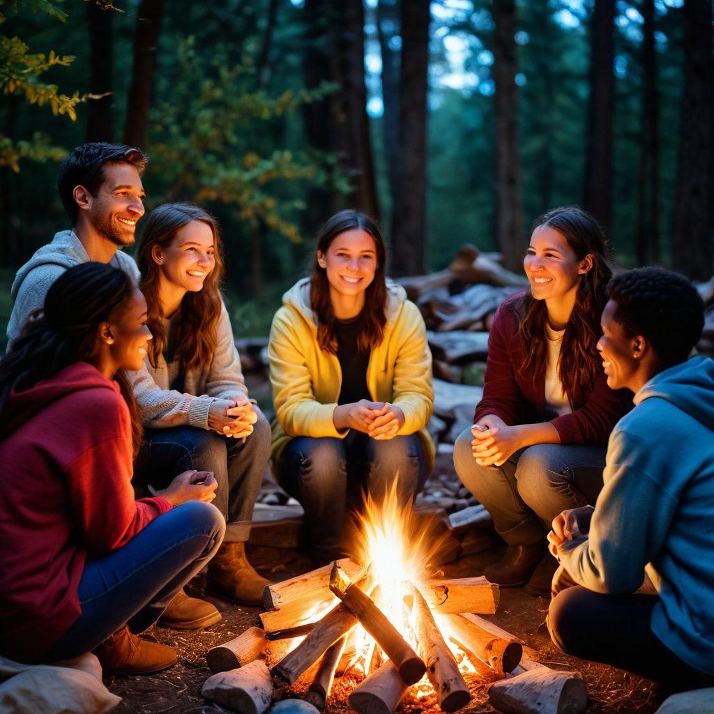 A warm and inviting scene depicting a diverse group of people gathered in a cozy support group setting, sharing smiles and stories. In the center, a glowing campfire symbolizes warmth and hope, while supportive gestures and expressions highlight the strength of community. Background includes inspirational quotes subtly illustrated, evoking a sense of togetherness and resilience. soft focus, vibrant colors, cozy atmosphere.