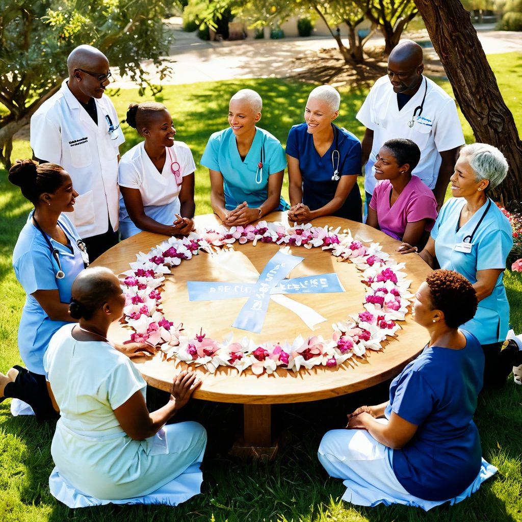 A serene and uplifting scene featuring a diverse group of cancer survivors and healthcare professionals engaging in a supportive circle, surrounded by symbols of hope like ribbons, flowers, and sunlight filtering through trees. Include elements that represent care and empowerment, such as a stethoscope, wellness books, and healthy foods. The overall mood should be inspirational and comforting, evoking a sense of community and strength. super-realistic. vibrant colors. warm lighting.